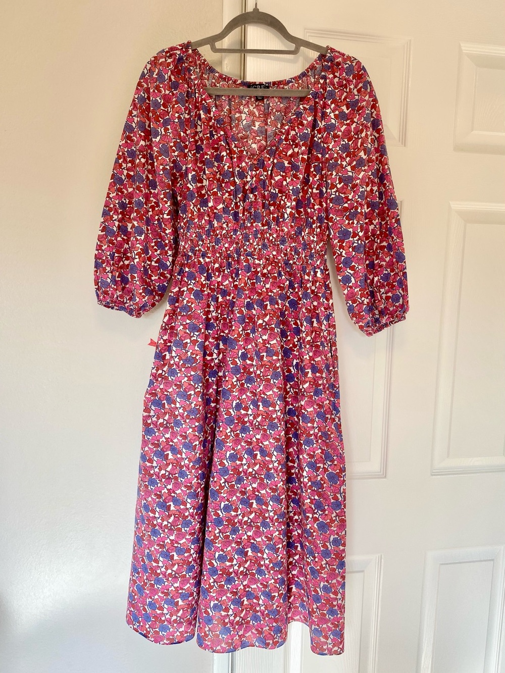 J. Crew Women’s Pink Floral Midi Dress with Smocked Waist